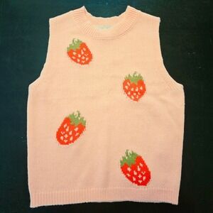 Cotton Emporium Womens Pink Strawberry Knit Sweater Vest XS Softgirl Cottagecore